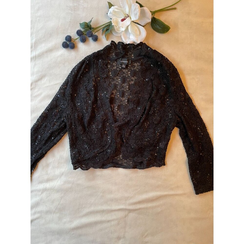Vintage Black Lace Long Sleeve Top With Sequins - Size L Whimsygoth Cutegoth Y2K